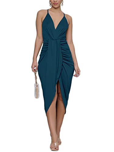 LYANER Women's Boho V Neck Ruched Wrap Slit Hem Sleeveless Spaghetti Strap Midi Bodycon Dress4