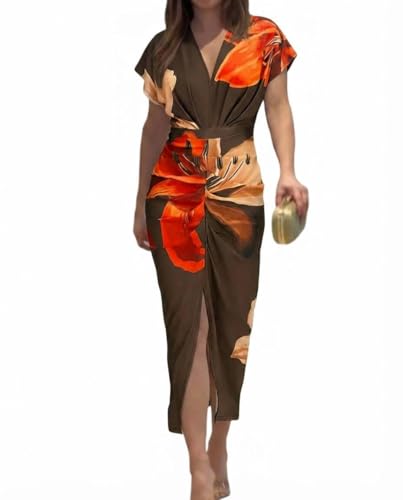 Image of CHICME Summer Dresses for Women Floral Print Plunge V Neck Midi Dress Casual Ruched Slit Bodycon Party Dress