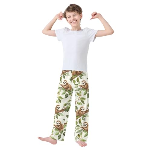 Sloth Tree Leaf Boys Long Pants Soft Trousers Elastic Waist Kids Lounge Bottoms with Pockets S-XL2