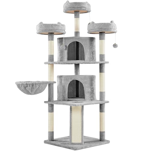 Abician Arbre à Chat XXL Tour de Jeux Multiniveau Maison pour Chat Confortable avec Poteaux en Sisal Griffoir Niches Boule 175 cm de Haut Gris Clair