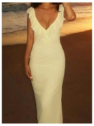 SOLY HUX Women's Summer Maxi Dress V Neck Ruffle Sleeveless Bodycon Cocktail Party Long Dresses4