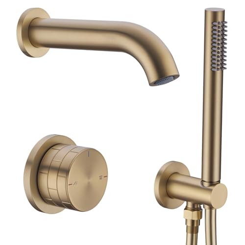 Ensemble de douche encastré en laiton doré brossé, pomme de douche ronde avec 2 fonctions système de vanne mélangeur et kit à main
