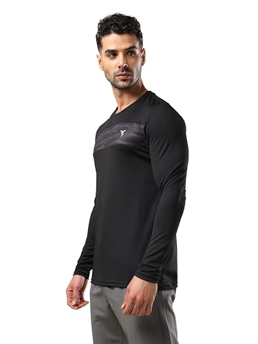 Image of TECHNOSPORT Men Polyester Self Design Chest Print Slim Fit Long Sleeve T-Shirt for Gym, Workout and Regular Use with SPF50+