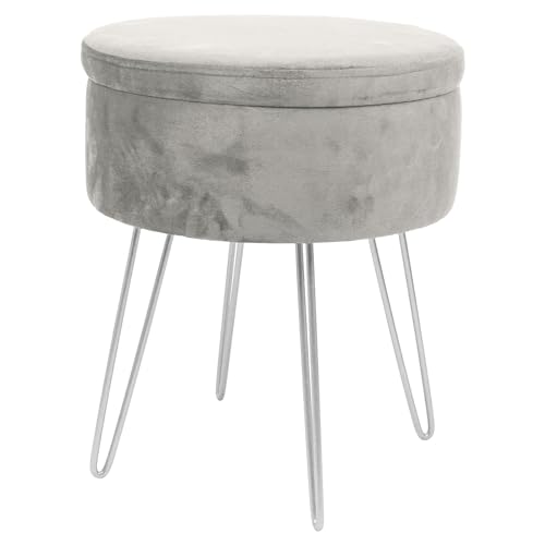 Harbour Housewares Velvet Round Foot Stool with Storage - Grey with Silver Legs - Modern Dressing Table Pouffe Footstool Vanity Seats Vanity Chairs Footstools for Living Room Bedroom