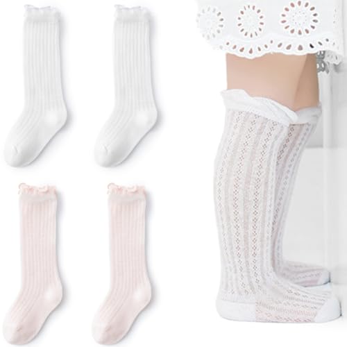 IBXWMNG 2 Pares Calcetines de rodilla para niños, suaves y respetuosos, calcetines elásticos, Calcetines Infantiles Elásticos de Algodón para Niños Pequeños(Rosa, blanco)