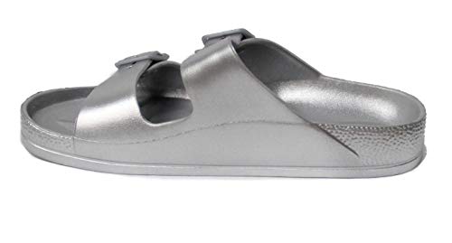 H2K Women's Lightweight Comfort Soft Slides Eva Adjustable Double Buckle Flat Sandals Buddy (7 B(M) Us, Silver) #TOP2