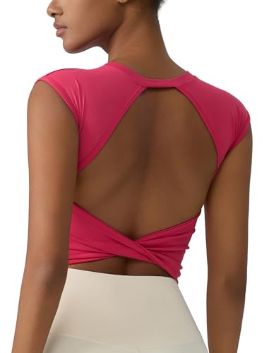 ABOCIW Workout Tops for Women Built in Bra Open Back Longline Sports Bras Cap Sleeve Athletic Yoga Crop Top Gym T Shirts Rose Small