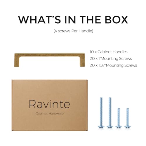 Image of Ravinte Antique Brass Kitchen Cabinet Solid Handles,5 Inch,10 Pack | Solid Zinc Alloy, Modern Slim Style, Square Design, Deep-Thread Firm Base, Screws Included, for Kitchen Drawers & Cupboards