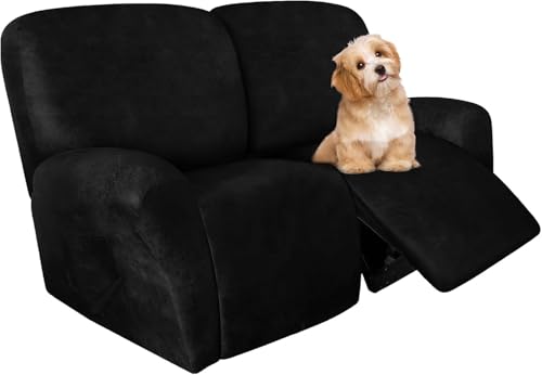 Image of molasofa Loveseat Recliner Slipcovers - 6 Pieces Stretch Leather Like Recliner Sofa Covers for 2 Seat Dual Reclining Loveseat Couch Furniture Protector with Elastic Bottom (Black)