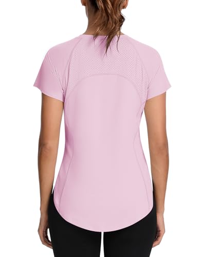 IECCP Damen Laufshirt mit Rücken Mesh Atmungsaktiv Sport Oberteil Schnell Trocken Sportshirt Rundhals Kurzarm Sport T-Shirt Fitness Yoga Top Rosa M