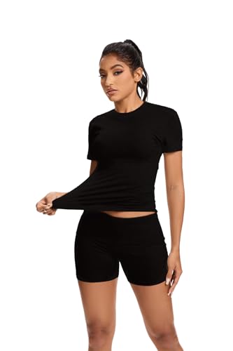 qfmqkpi Women Workout 2 Piece sets Short Sleeve Tops Slim Foldover Shorts Matching Gym Outfits Tracksuit2