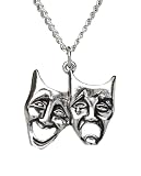 Real Metal Comedy Tragedy Masks for Drama Theater and Actors Silver Finish Pewter Pendant Necklace