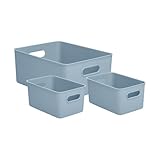 Superio Ribbed Collection - Decorative Plastic Open Home Storage Bins Organizer Baskets, Blue (Set of 3) 1 Large, 2 Medium - Container Boxes for...