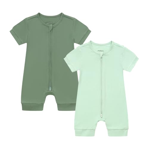 Image of JunNeng Baby Boy Girl 2 Pack Rayon of Bamboo Summer Sleeper Infant Soft Short Sleeve Zipper Footless One-piece Romper