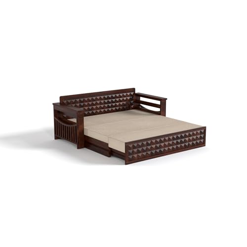 Image of Mamta Furniture Solid Sheesham Wood Sofa Set 3 Seater Furniture Wooden 3 Seater Sofa Cums Bed for Home Living Room with Cushions (Walnut with Cream, 3 Seater Design 1)