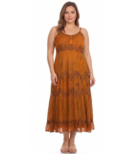 Image of Sakkas Stonewashed Rayon Embroidered Adjustable Spaghetti Straps Long Dress