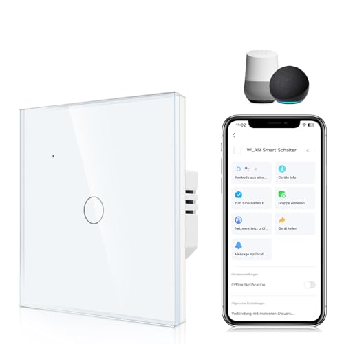 CNBINGO Smart Touch Lichtschalter in Weiß - einfach WLAN Wandschalter Arbeit mit Alexa, Google Assistant - Glas Wandschalter Unterputz - Mehrkontroll, Timer, Zeitplan - 1 Fach