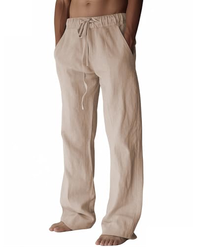 PIDOGYM Mens Cotton Linen Pants, Summer Beach Pants Casual Loose Fit with Elastic Waist Drawstring...