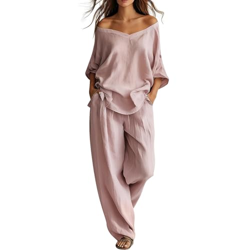 Ensemble coton et lin femme ample contre la chaleur vêtement fluide rose