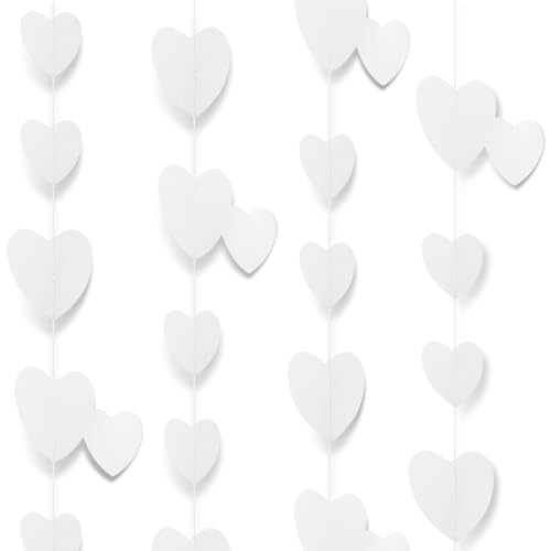 LIQWEI 4Stück 4M Herz Papier Girlande, Herz Papier Streamer Banner Hochzeit Deko Doppelseitig Hängende Girlande für Jahrestag Bachelorette Verlobung Valentinstag Weihnachten Party Dekorationen(Weiß)