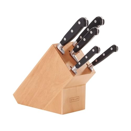 Stellar Classic Beechwood Knife Block with 5 Knives, Stainless Steel Razor Sharp Blades, Paring + Utility + Carving + Bread + Cooks Knife