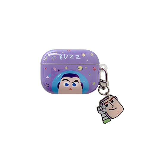 Capa de TPU macio para AirPod Pro para Apple AirPods 2019 com pingente chaveiro clipe Buzz The Lightyear roxo cor Toy Story Pixar animação legal divertido especial crianças meninos filha filho