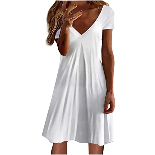 TRIGLICOLEUM T-Shirt Kleid Damen Retro Baumwoll Leinen Sommerkleid Kurzarm V-Ausschnitt Minikleid Sommer Knielanges Kleider Wickelkleid Strandkleid...