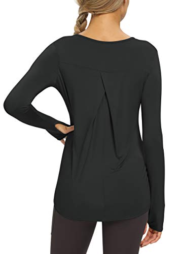 Bestisun Long Sleeve Tunic Tops for Women Yoga Long Sleeve Tops Athletic Shirts Workout Clothes Hiking Sport Top Activwear Thumb Holes Tops for Women Loose fit Black XL