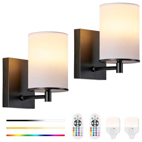 Image of Battery Operated Wall Sconce Set of Two,13 RGB Colors Dimmable Rechargeable Wall Sconces with Remote Control,Wall Lights with Cylinder White Fabric Shade for Bedroom Living Room