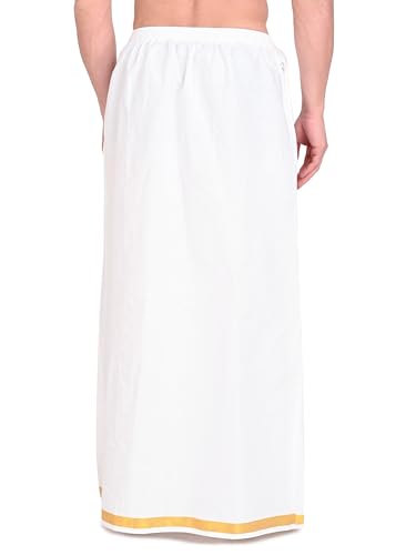 Image of Gowri Tex 100% Pure Cotton White Elastic Dhoti With Gold Border Dual Packet Pack Of 1 - Free Size