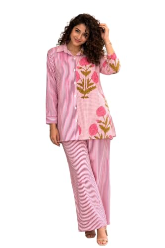 DOLCE AURA New Coton Strip Printed Shirt Top Pant Co Ord Set For Women Women Top With Set