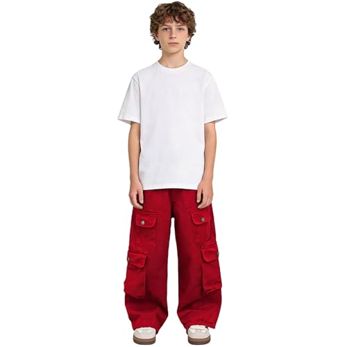 Pantalones escolares para niños y niñas de tipo cargo con cintura elástica alta
