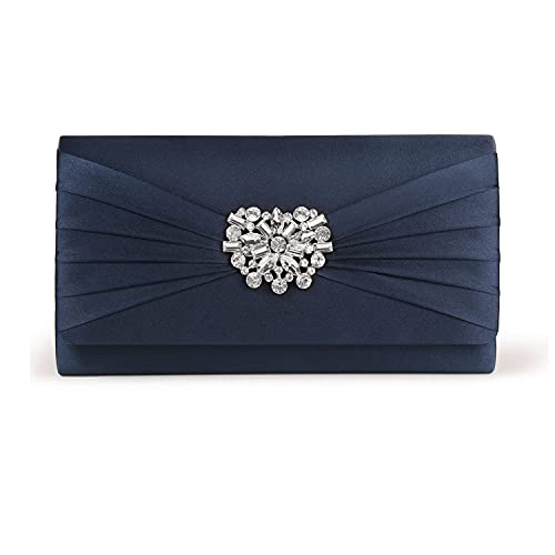 Image of Evening Bags For Women Pleated Satin Rhinestone Brooch Prom Clutch Purse With Detachable Chain Strap