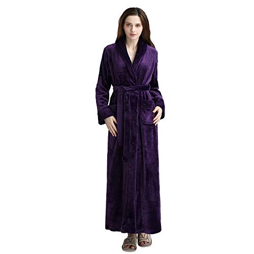 Long Robe for Women Soft Full Length Sleepwear Plush Fleece Housecoat Purple XL