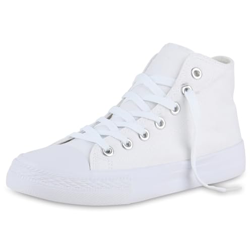 VAN HILL Herren Sneaker High Schnürer Bequeme Basic Freizeit Stoff Schuhe 611604 Weiss 43