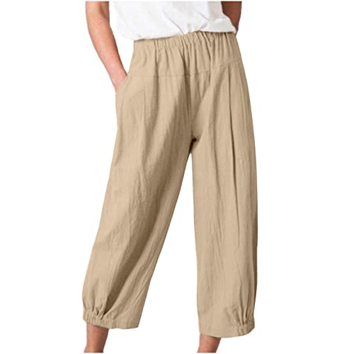Capri Linen Pants Womens Wide Leg Yoga Pants with Pockets Cinch Bottom Athletic Workout Joggers Cropped Trousers Khaki