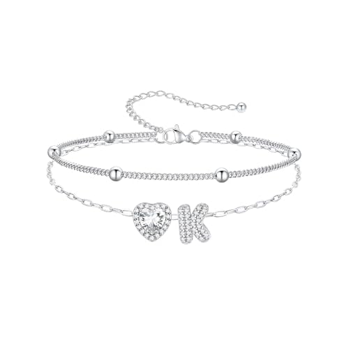 PROSTEEL A-Z Initial Ankle Bracelets for Women Waterproof, Layered Chain Anklet Stainless Steel Summer Beach Anklets, Silver/Gold 8.5-10.5 Inch Adjust