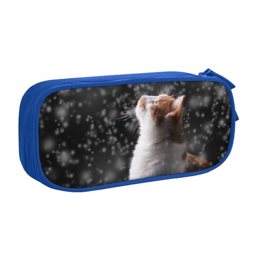 オレンジ色の猫が雪が降るペンケース 筆箱 文具ケース おしゃれ 筆袋 鉛筆ケース 鉛筆のサック 中高校生 軽量 収納バッグ 学生 子供 誕生日 入学ギフト 大容量 ダブルレイヤーBlue
