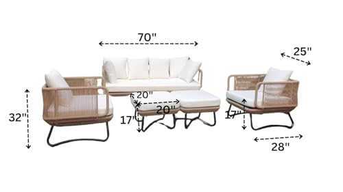 DRX Metal Outdoor 6 Seater Beige Rope Sofa Conversation Set with Ottomans and White Washable All Weather Waterproof Cushion Covers for Garden, Pool, Deck, Backyard, Lawn, Terrace DRX Metal Outdoor 6 Seater Beige Rope Sofa Conversation Set with Ottomans and White Washable All Weather Waterproof Cushion Covers for Garden, Pool, Deck, Backyard, Lawn, Terrace