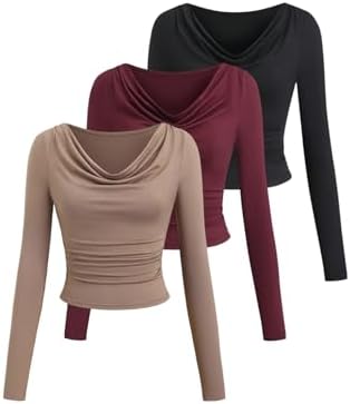 RoseSeek Women's 3 Piece Cowl Neck Slim Fit Tops Long Sleeve Casual T Shirts Ele