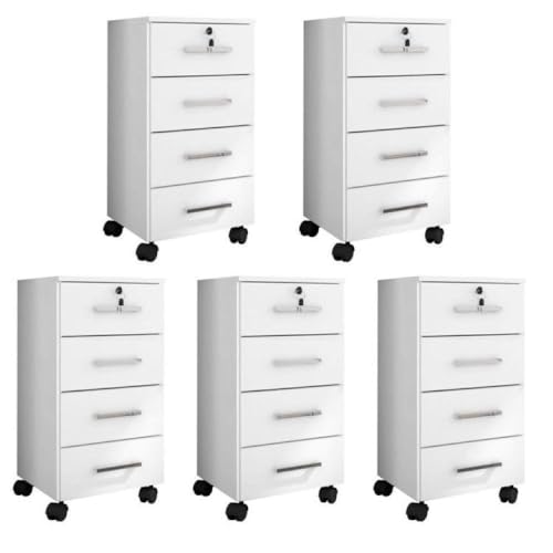 Kit 5 Gaveteiros 4 Gavetas com Rodízios e Chave Gávea Office Branco