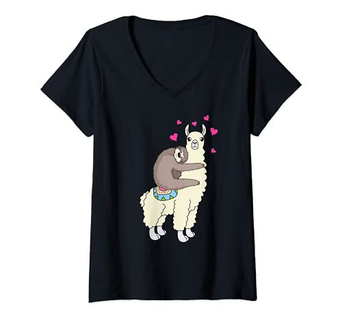 Mujer Perezoso Divertido Con Hermosa Alpaca Favorito Animal Amor ZOO Camiseta Cuello V