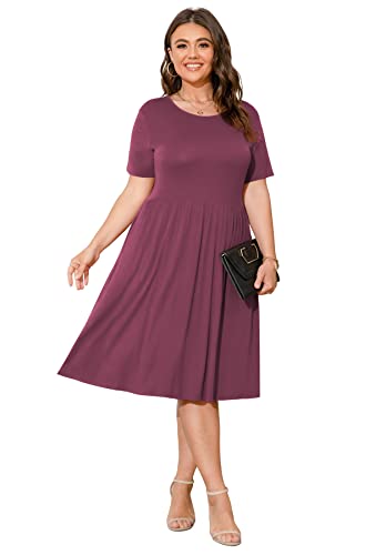 Image of POSESHE Womens Plus Size Summer Dress 2026 Casual Short Sleeve Empire Waist Loose Fit Swing T-Shirt Dress with Pockets