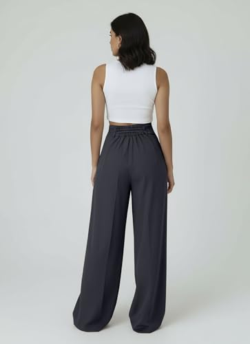 Image of Aahwan OffWhite Solid High Fabric Belt Waist Straight Korean Loose Pleated Wide Leg Trouser for Women's & Girl's