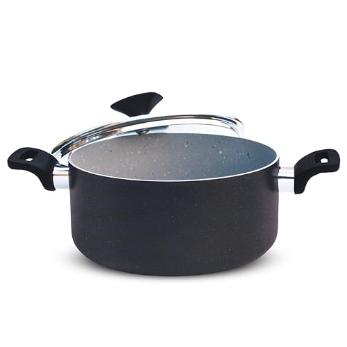 KITCHEN KING Casserole Dish with Lid for Oven and Hob Round Shallow Non Stick Krafto Casserole dishes with Lids Oven proof Black Dutch Pot Induction Compatible Aluminium PFOA free (Grey Marble, 28cm)