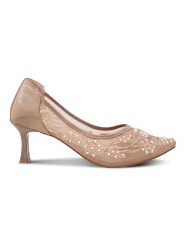 Image of TRYME Floral Embroidered Stiletto Heels for Women | Elegant Mesh High Heels with Stylish Feminine Design