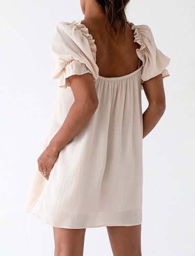 CHARTOU Women Summer Puff Sleeve Bow Tie Square Neck Lace Patchwork Mini Dress (Small, Apricot)