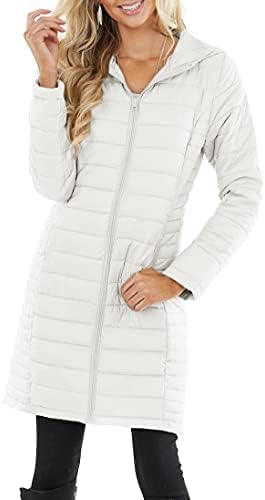 Fangetey Womens Winter Lightweight Hooded Coat Long Sleeve Warm Zipper Outwear Casual Mid Length Quilted Jacket White Large