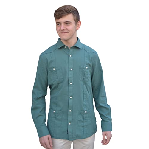 BLANCO NUMERO UNO Camisa Guayabera o habanera de Hombre de algodón Lino Cuello clásico Color Verde inglés (S)