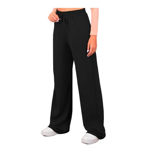 Calça Moletinho Pantalona Wide Leg Moletom Feminina Cós Largo Corte a Fio Sem Felpa (BR, Alfa, G, Regular, Alto, Preto)